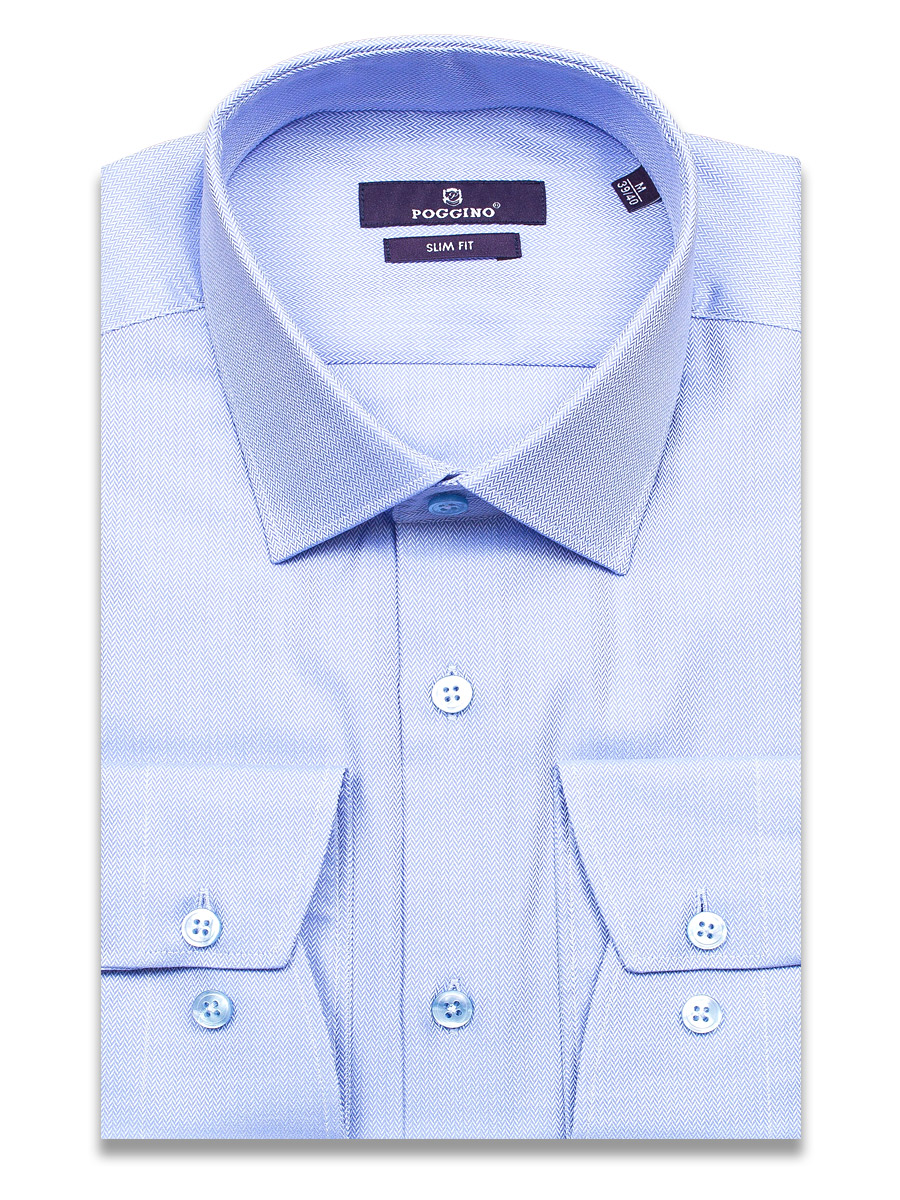 Голубая приталенная мужская рубашка Poggino 7018-18 с длинными рукавами