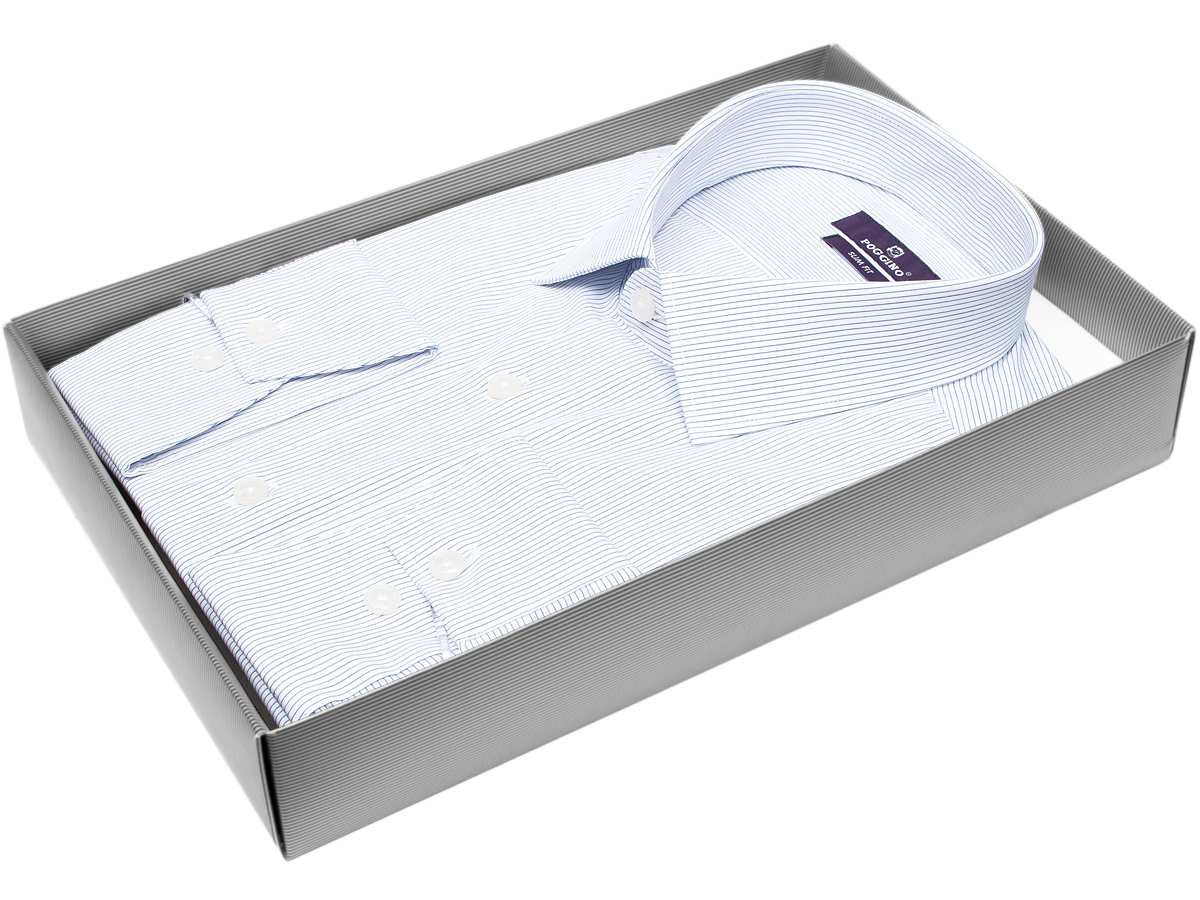 Белая приталенная мужская рубашка Poggino 7018-20 в полоску с длинными рукавами купить в Москве недорого