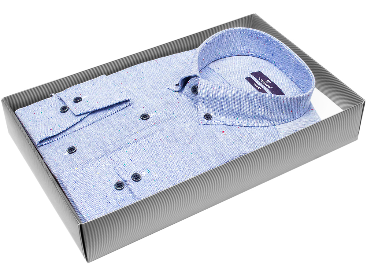 Голубая приталенная мужская рубашка Poggino 7015-105 меланж с длинными рукавами купить в Москве недорого