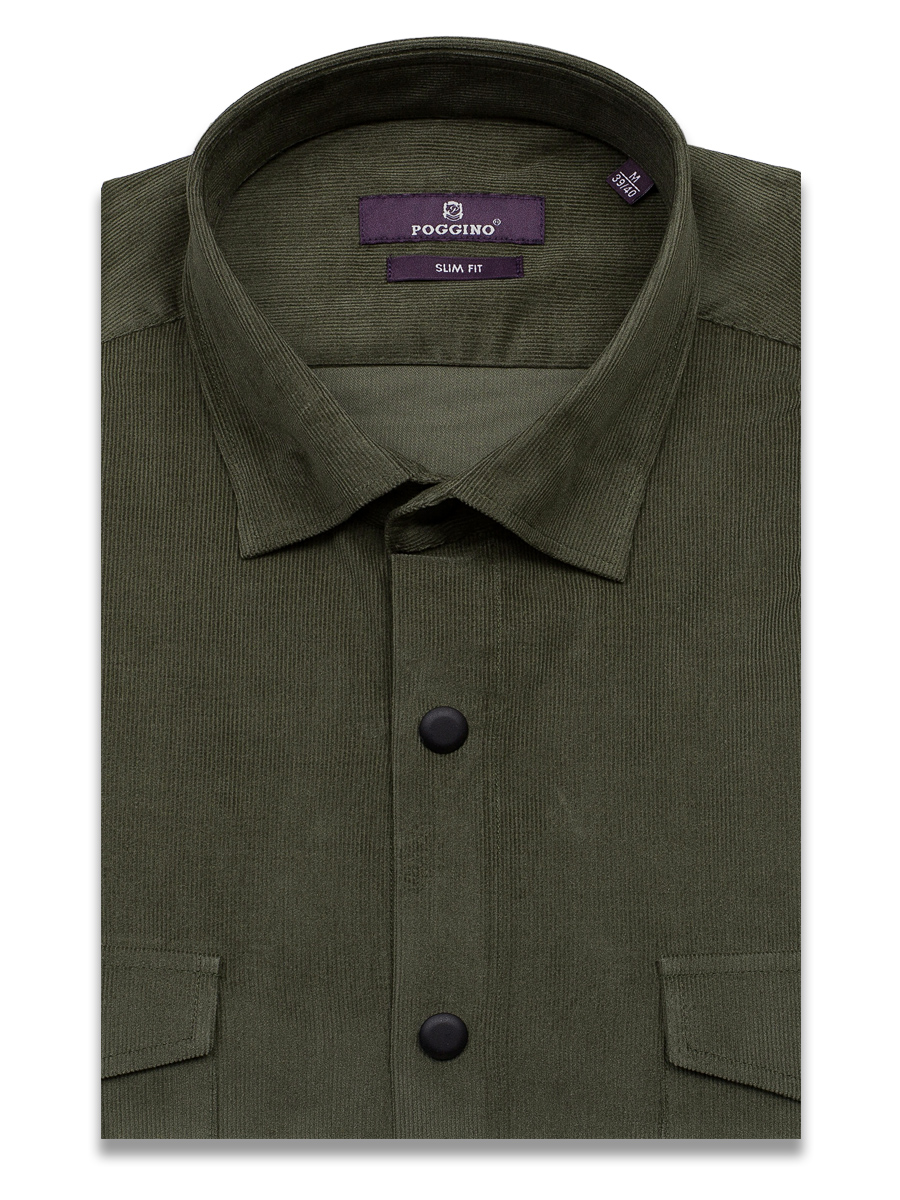 Темно-зеленая вельветовая приталенная мужская рубашка Poggino 7017-87 с длинными рукавами