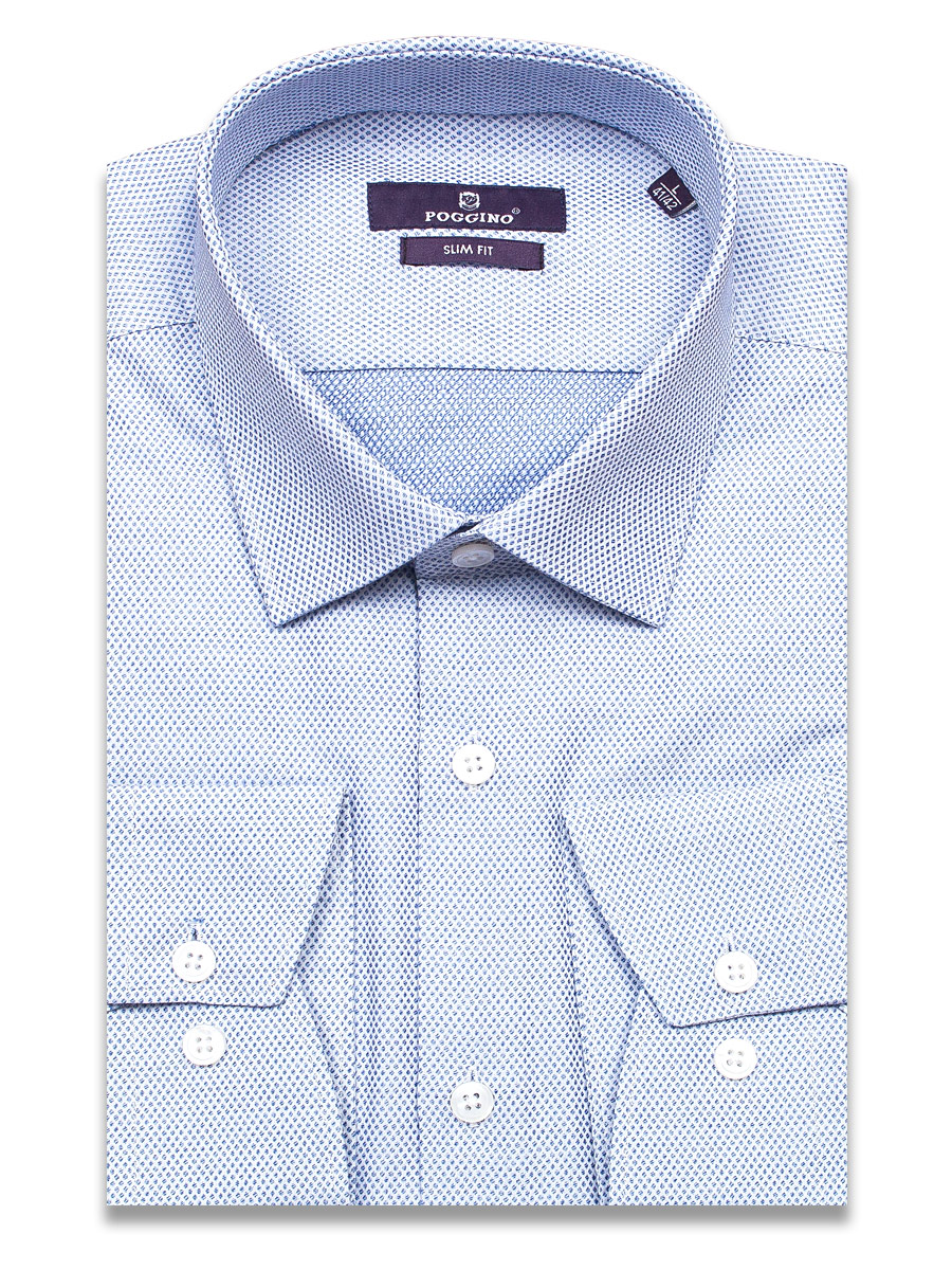 Светло-синяя приталенная мужская рубашка Poggino 7018-24 в клетку с длинными рукавами
