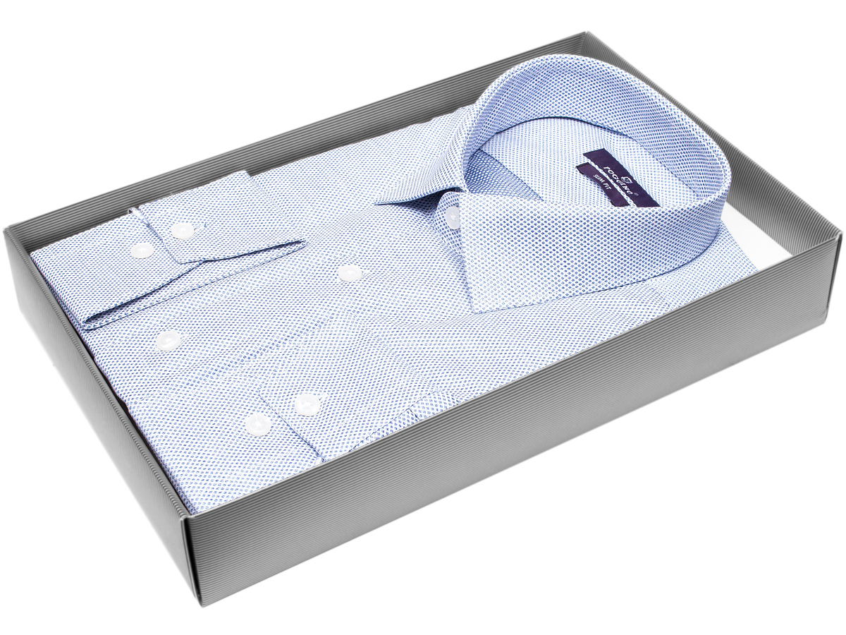 Модная молодежная рубашка Poggino 7018-24 рукав длинный силуэт приталенный стиль классический цвет светло-синий в ромбах 100% хлопок