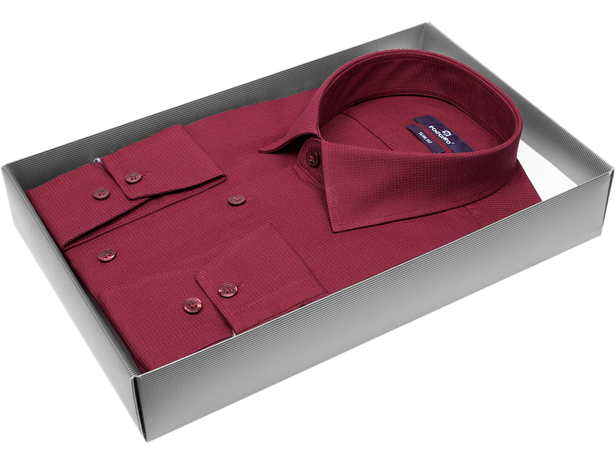 Бордовая приталенная мужская рубашка Poggino 7017-22 с длинными рукавами