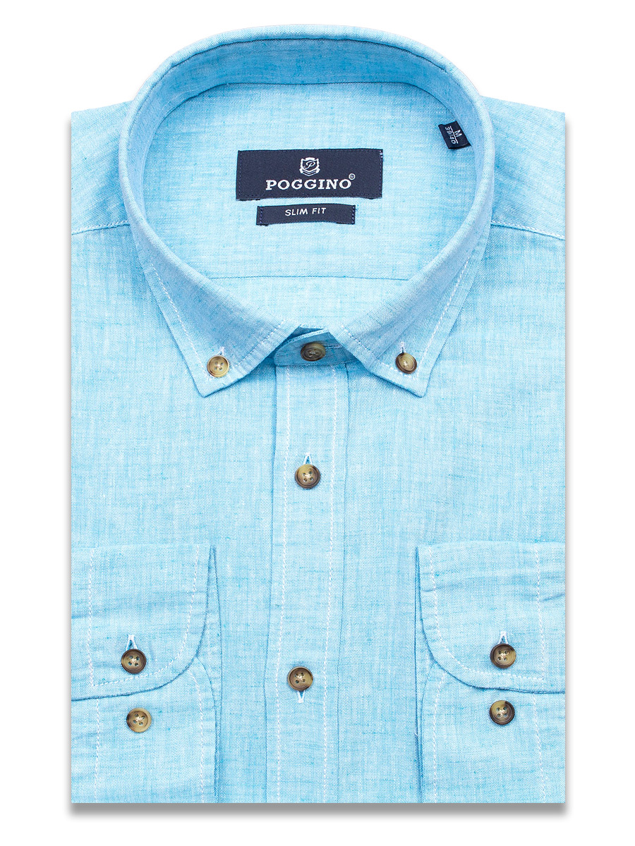 Льняная бирюзовая приталенная мужская рубашка Poggino 7013-09 с длинными рукавами