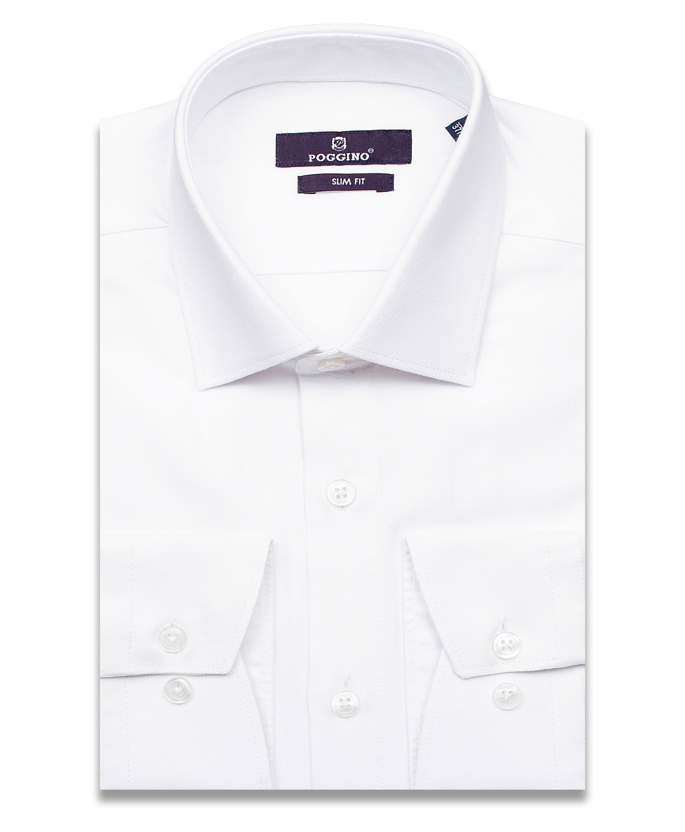 Белая приталенная мужская рубашка Poggino 7016-17 с длинными рукавами