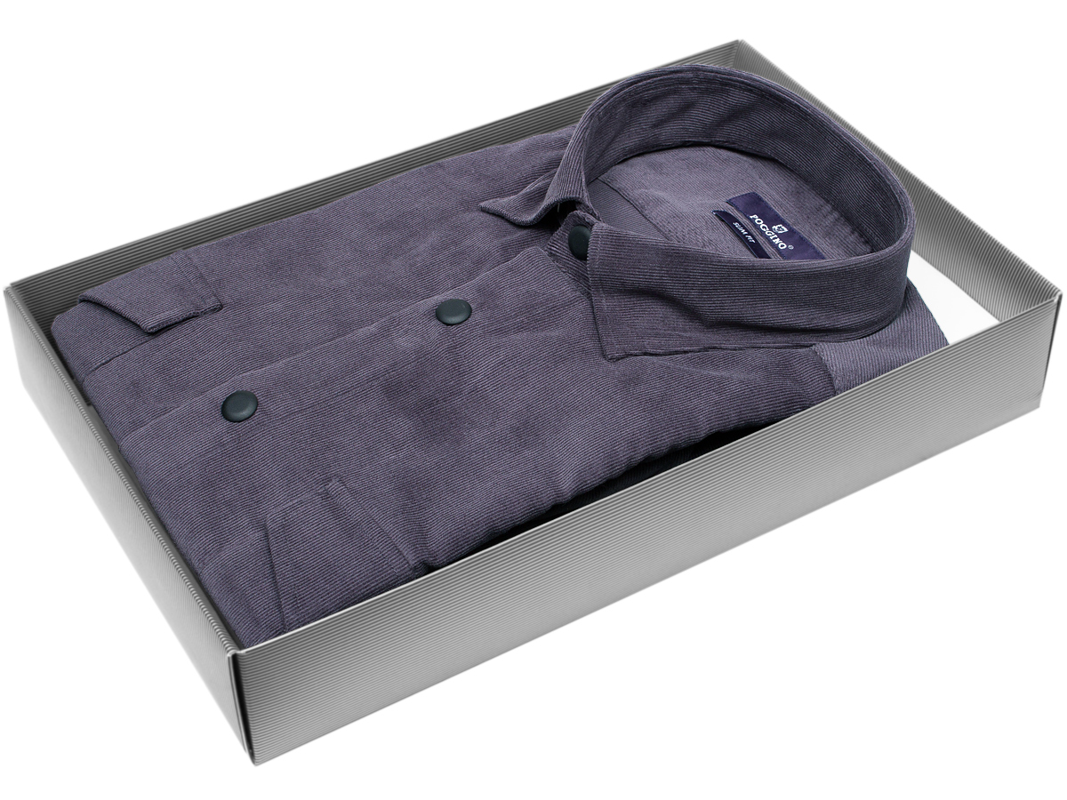 Серая вельветовая приталенная мужская рубашка Poggino 7017-90 с длинными рукавами купить в Москве недорого