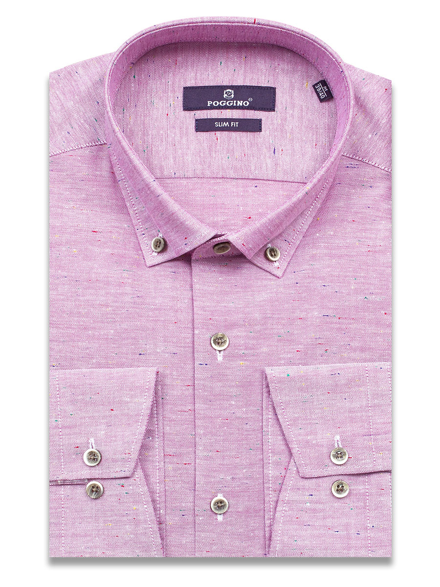 Льняная бледно-бордовая приталенная мужская рубашка Poggino 7015-106 с длинными рукавами