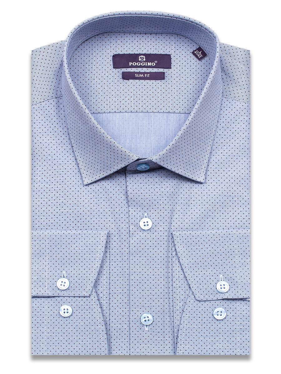 Синяя приталенная мужская рубашка Poggino 7018-42 в горошек с длинными рукавами