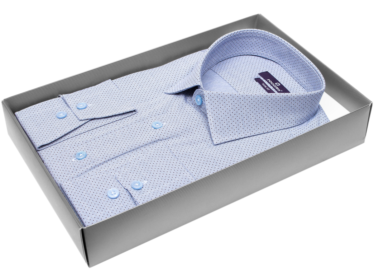Синяя приталенная мужская рубашка Poggino 7018-42 в горошек с длинными рукавами купить в Москве недорого