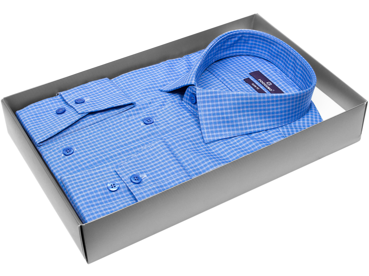 Синяя приталенная мужская рубашка Poggino 7017-80 в клетку с длинными рукавами купить в Москве недорого