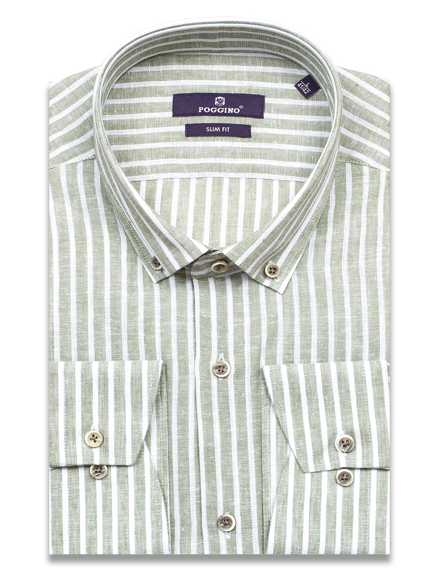 Льняная зеленая приталенная мужская рубашка Poggino 7015-108 в полоску с длинными рукавами