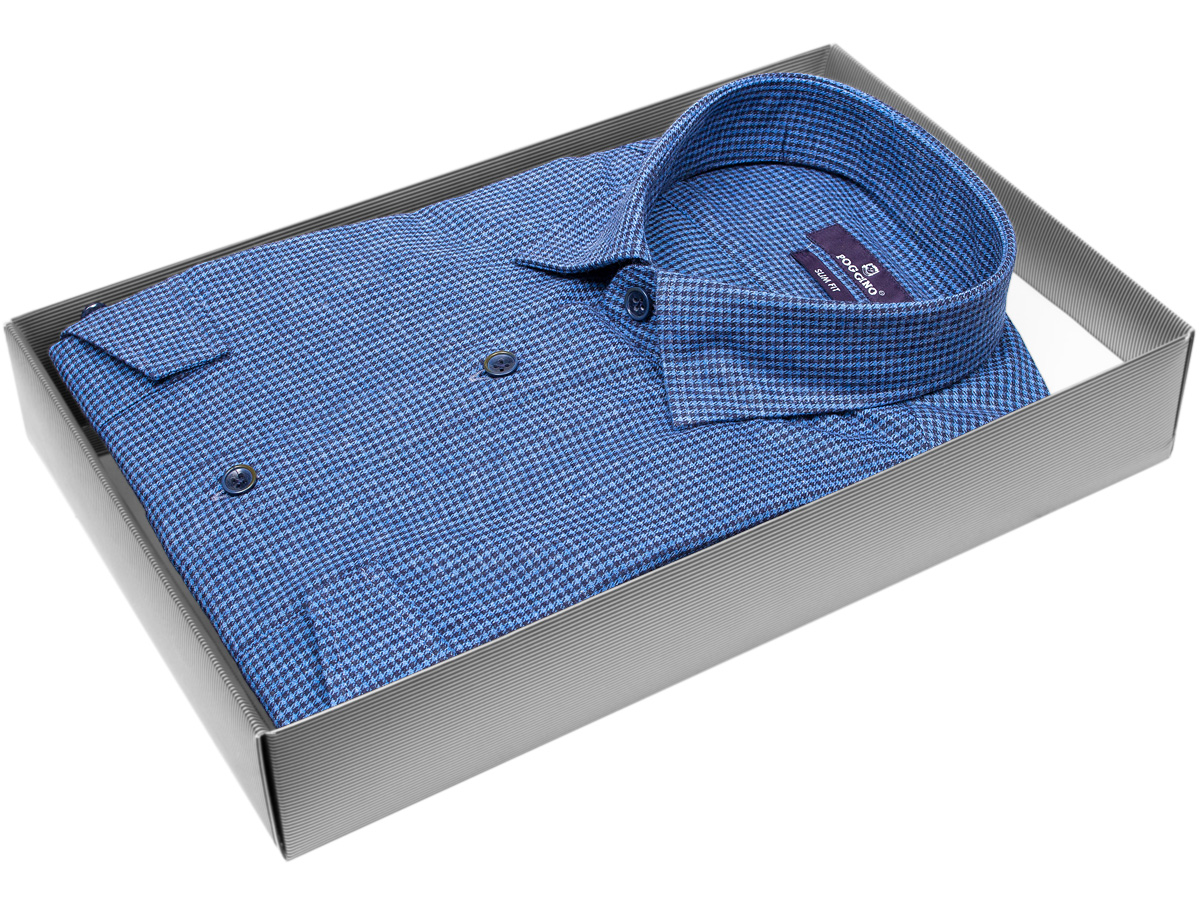 Байковая синяя приталенная мужская рубашка Poggino 7017-20 в клетку с длинными рукавами купить в Москве недорого
