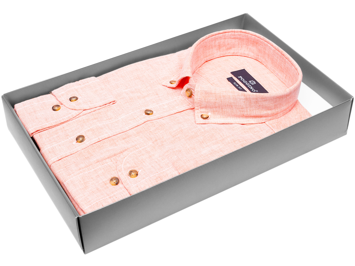 Льняная коралловая приталенная мужская рубашка Poggino 7013-10 с длинными рукавами купить в Москве недорого