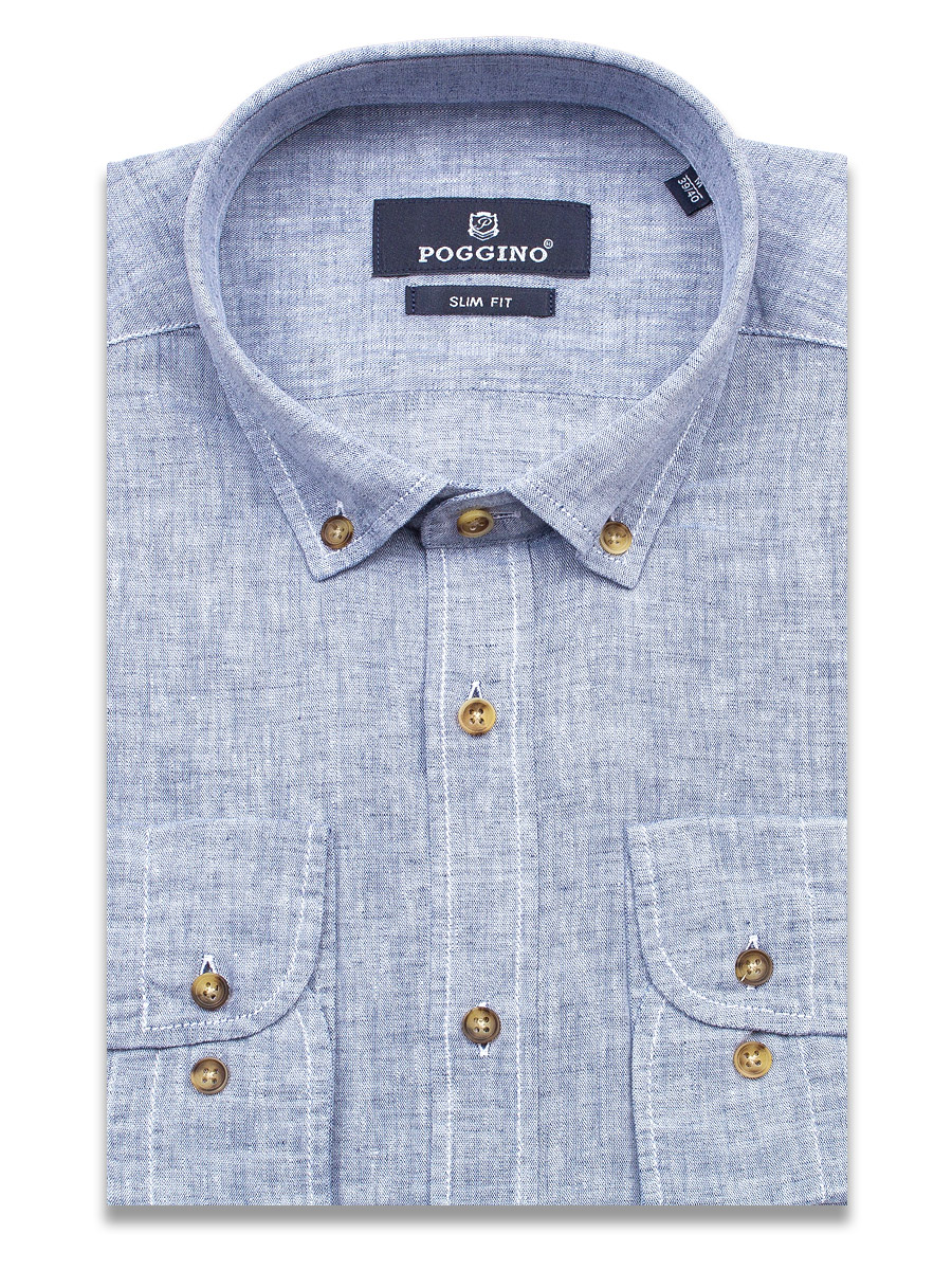 Льняная синяя приталенная мужская рубашка Poggino 7013-07 меланж с длинным рукавом