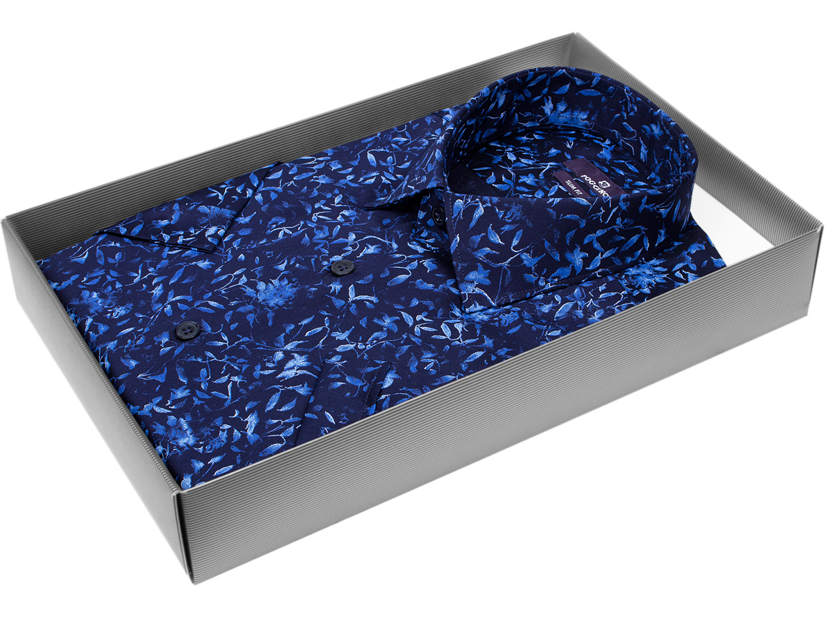 Темно-синяя приталенная мужская рубашка Poggino 7005-63 в цветочек с коротким рукавом купить в Москве недорого