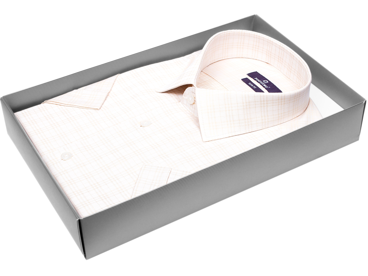 Бежевая приталенная мужская рубашка Poggino 7005-35 в клетку с коротким рукавом купить в Москве недорого