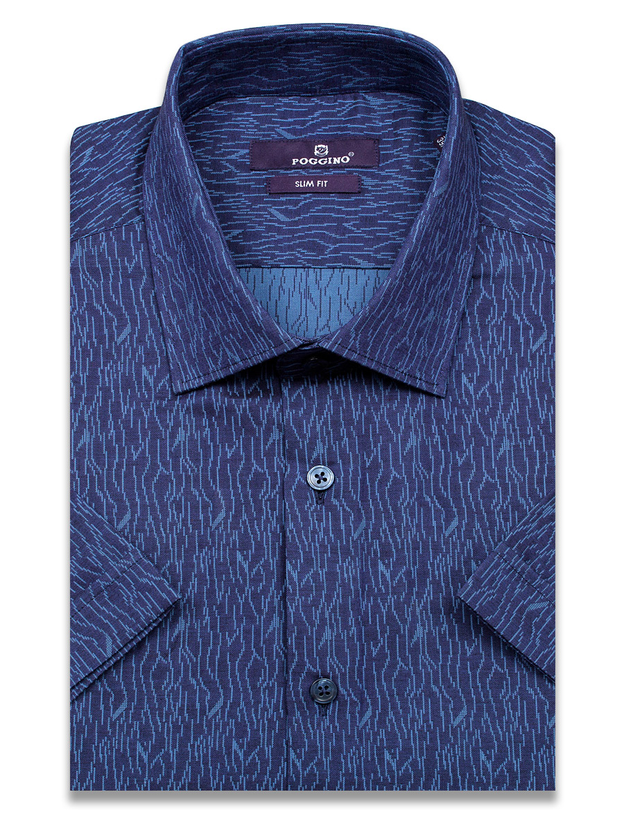 Темно-синяя приталенная мужская рубашка Poggino 7019-26 в узорах с коротким рукавом