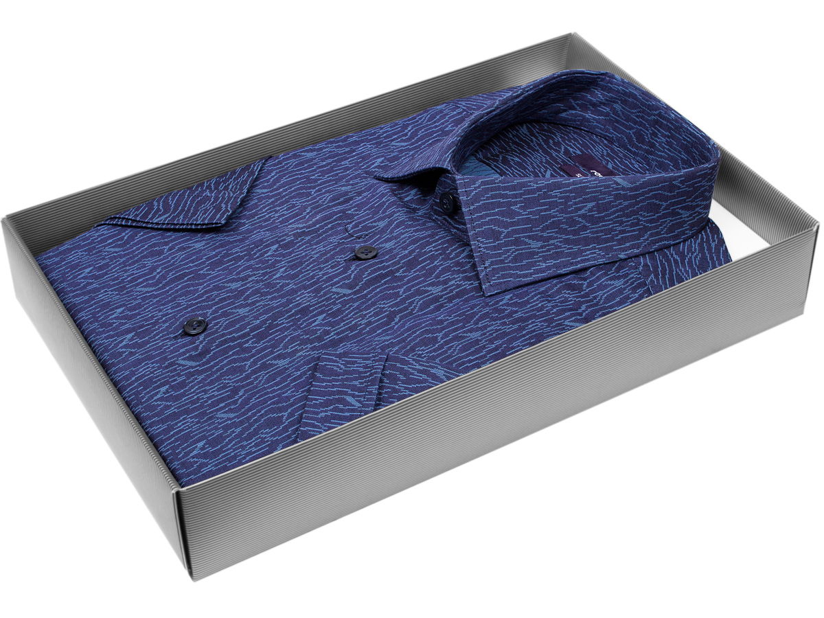 Темно-синяя приталенная мужская рубашка Poggino 7019-26 в узорах с коротким рукавом купить в Москве недорого