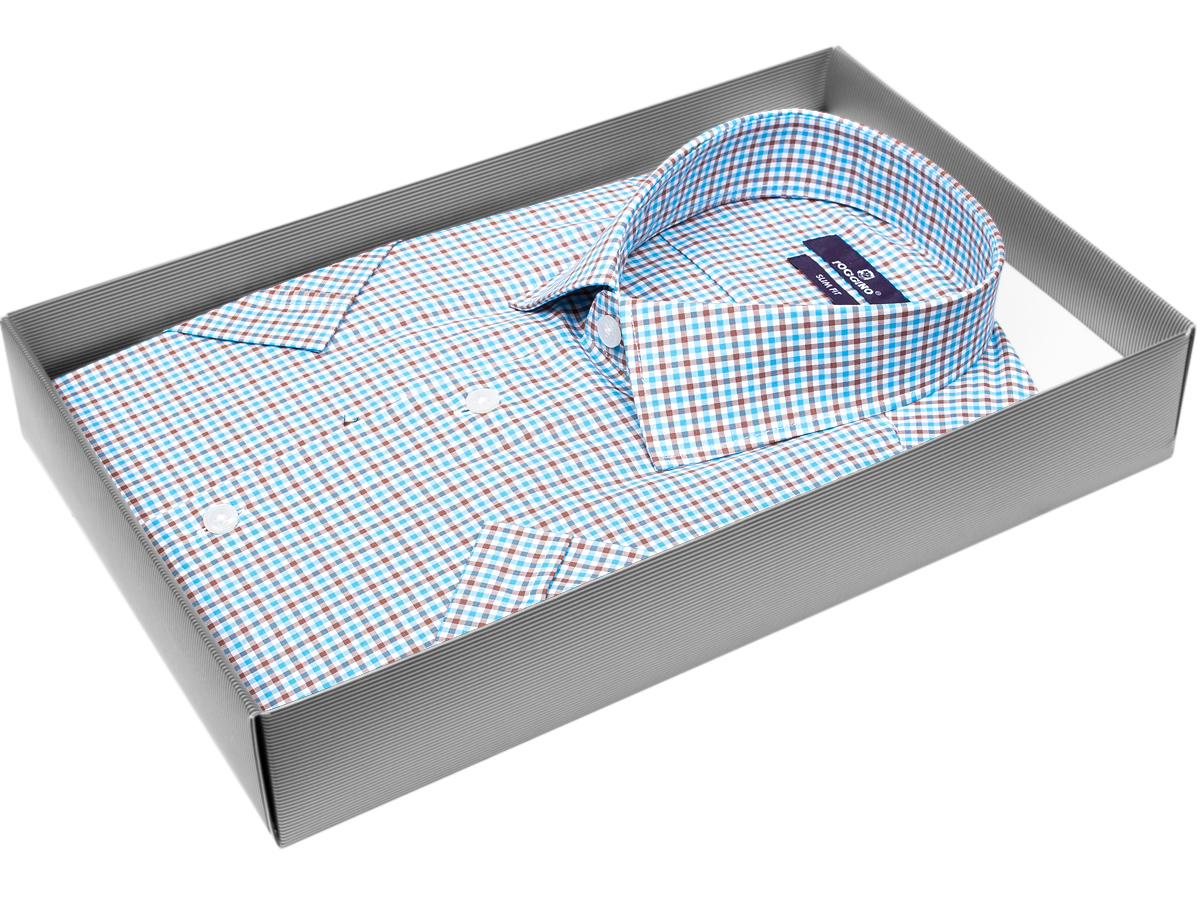 Голубая приталенная мужская рубашка Poggino 7005-32 в клетку с коротким рукавом
