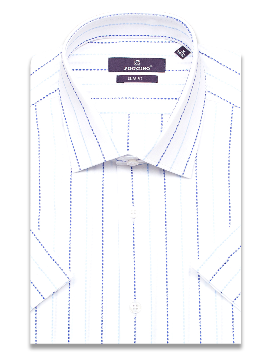 Белая приталенная мужская рубашка Poggino 7019-16 в полоску с коротким рукавом