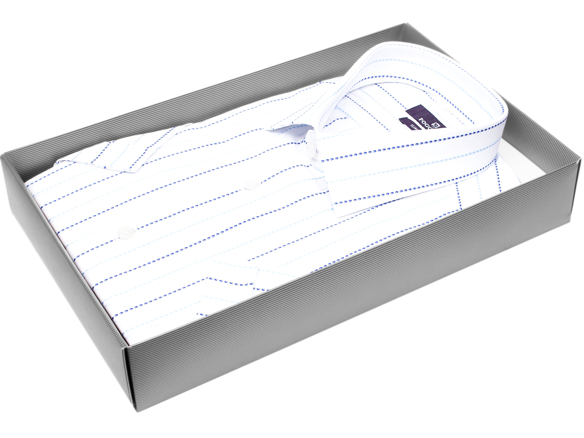 Белая приталенная мужская рубашка Poggino 7019-16 в полоску с коротким рукавом купить в Москве недорого