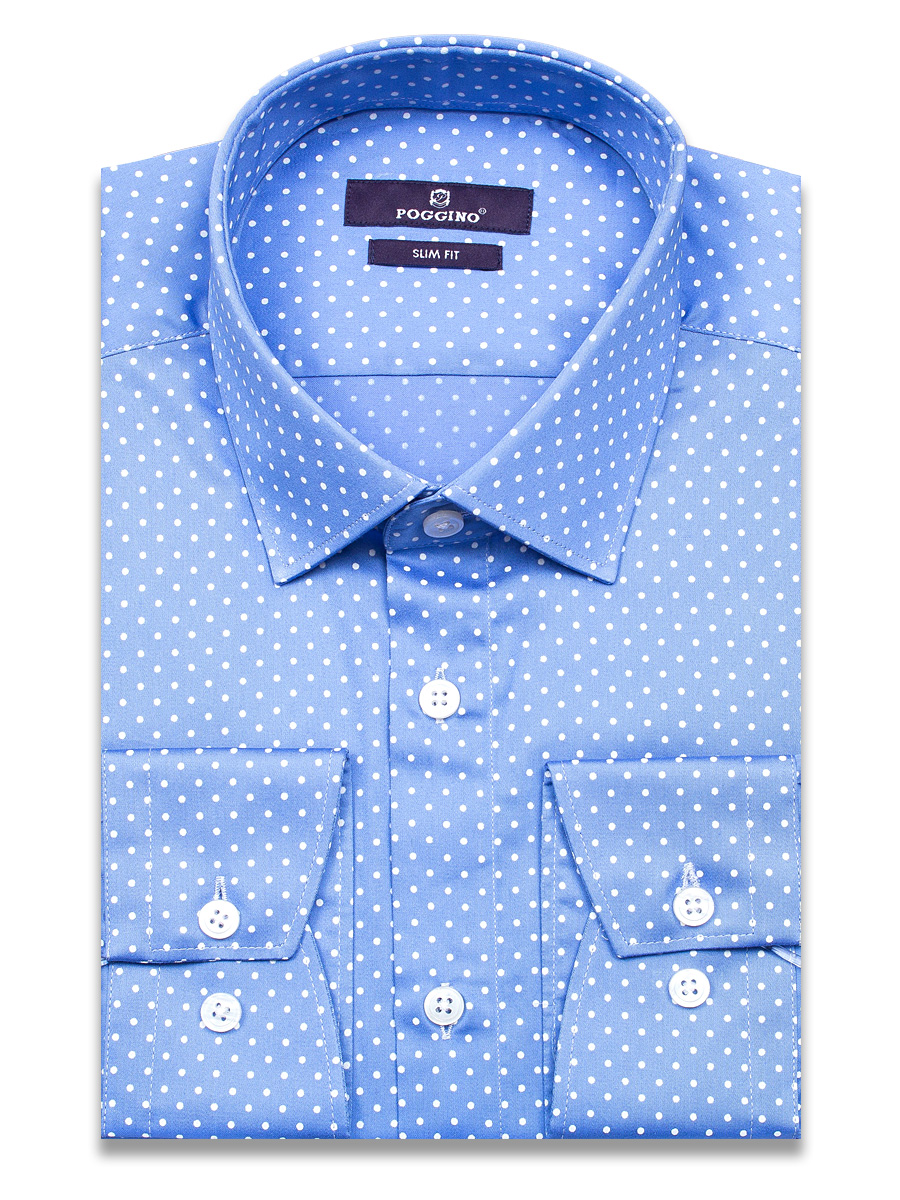 Синяя приталенная мужская рубашка Poggino 7014-39 в горошек с длинными рукавами