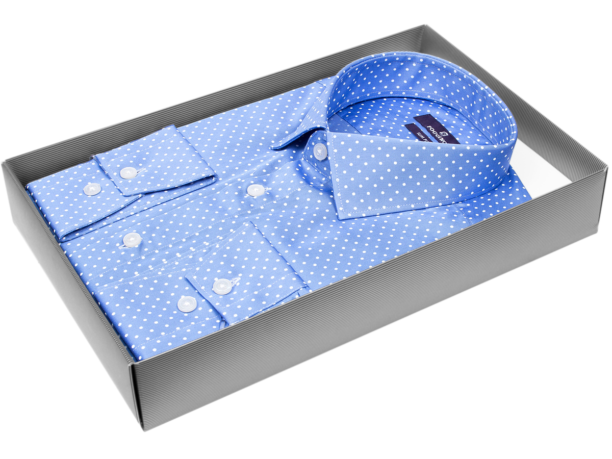Модная молодежная рубашка Poggino 7014-39 рукав длинный силуэт приталенный стиль классический цвет синий в горошек 100% хлопок