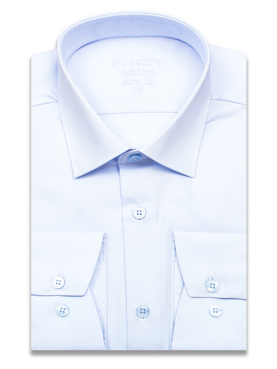 Голубая приталенная мужская рубашка Poggino 8002-02 Non Iron с длинными рукавами