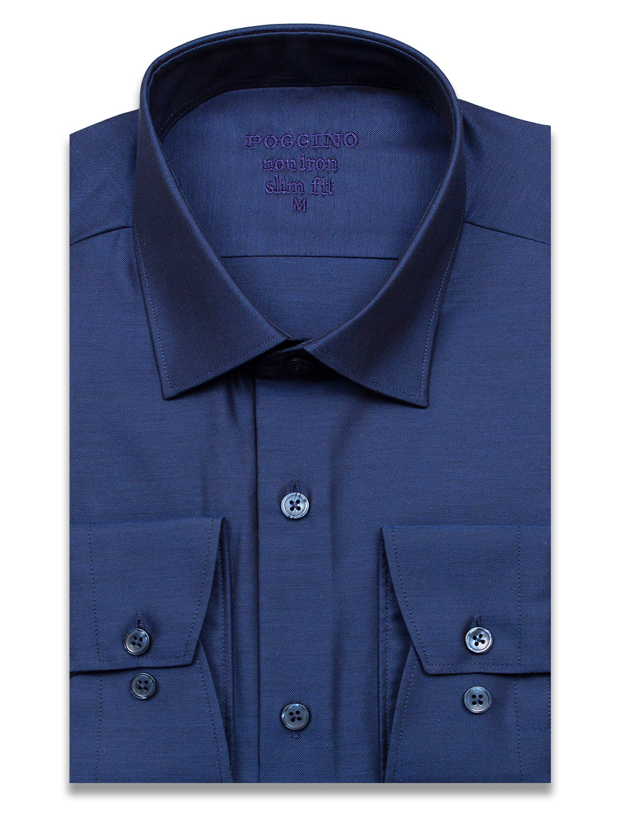 Темно-синяя приталенная мужская рубашка Poggino 8002-05 Non Iron с длинными рукавами
