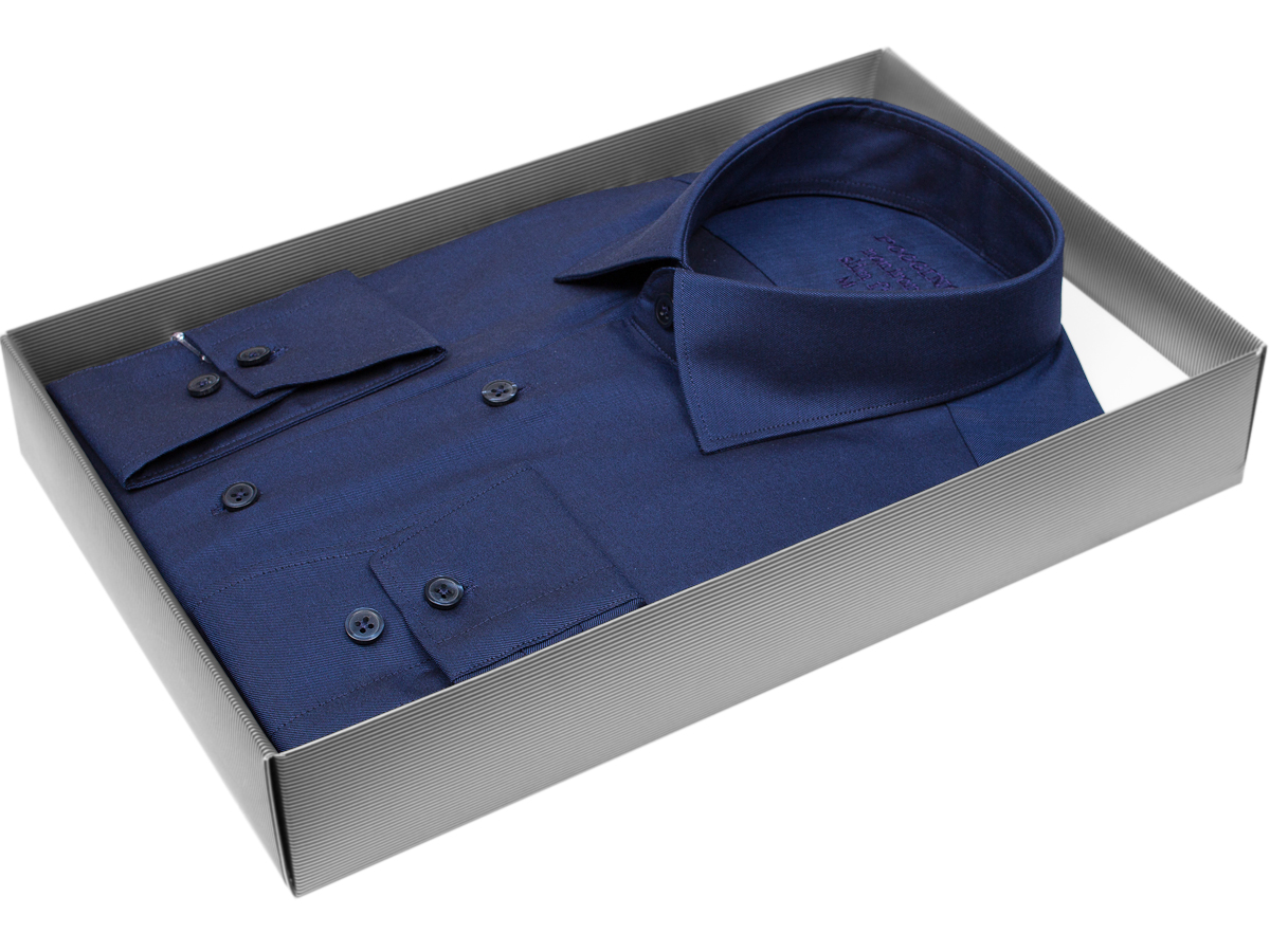 Темно-синяя приталенная мужская рубашка Poggino 8002-05 Non Iron с длинными рукавами купить в Москве недорого