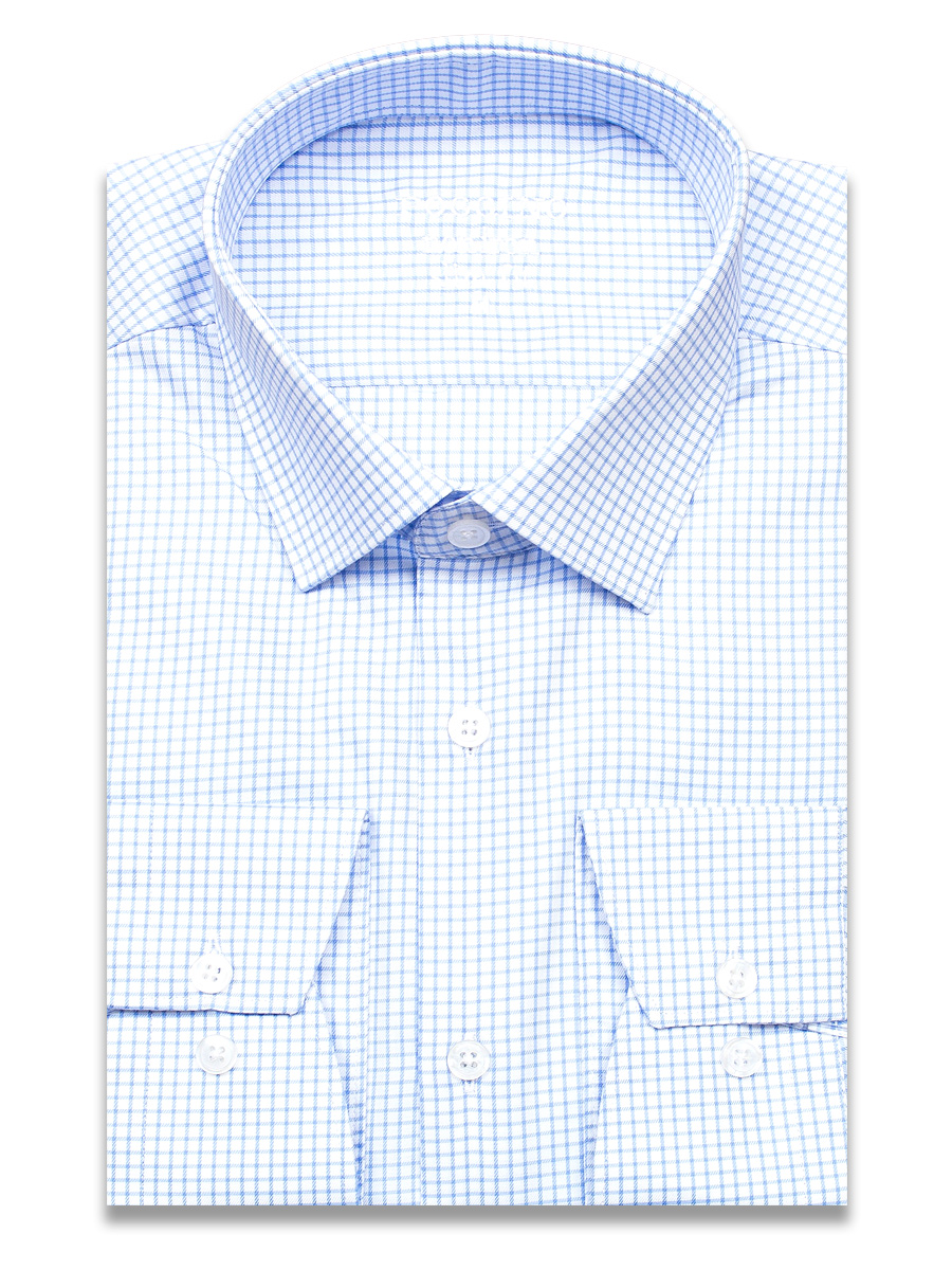 Голубая приталенная мужская рубашка Poggino 8002-10 Non Iron в клетку с длинными рукавами