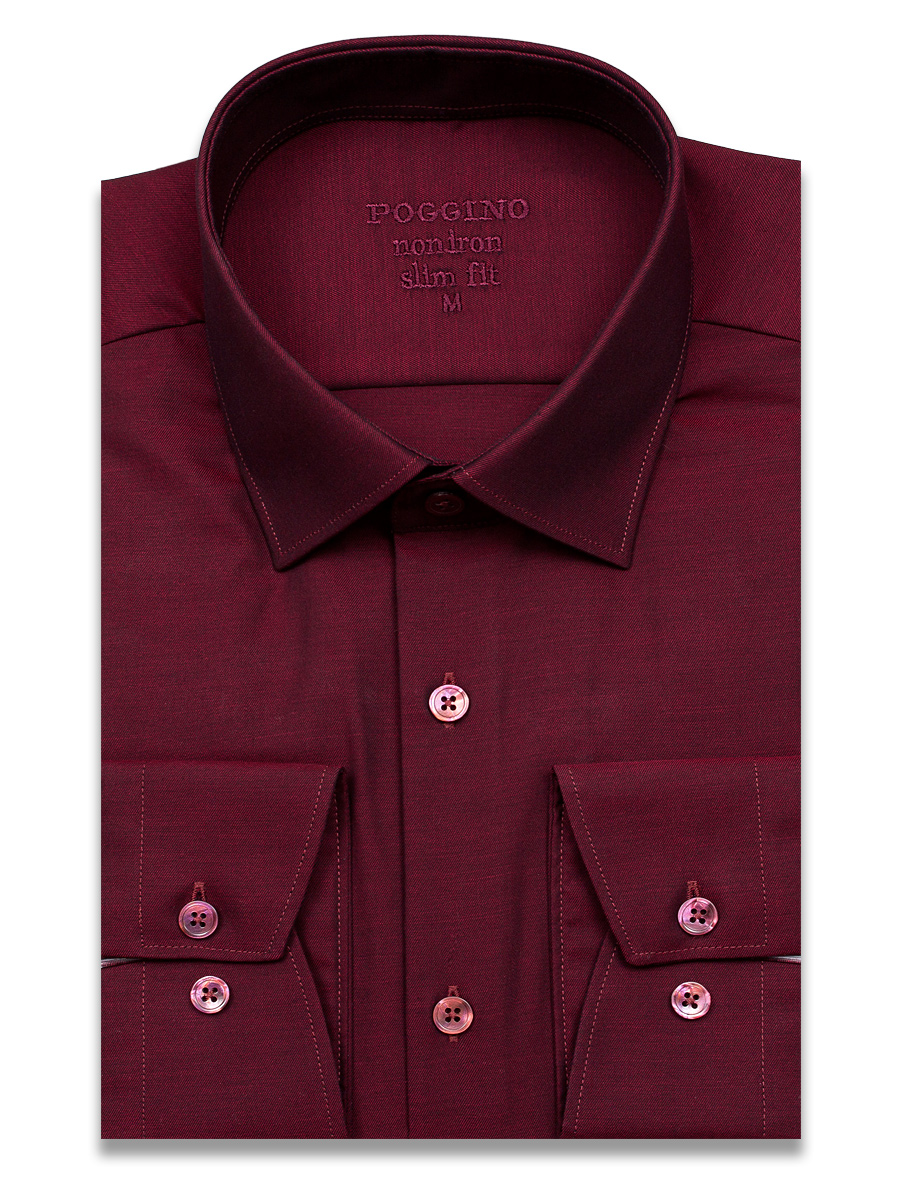 Бордовая приталенная мужская рубашка Poggino 8002-01 Non Iron с длинными рукавами