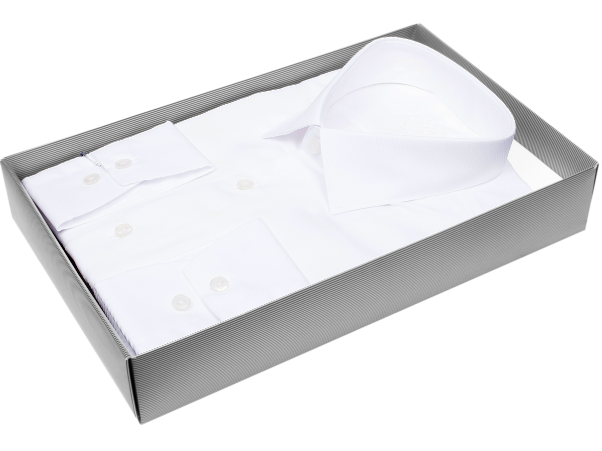 Стильная белая мужская рубашка Poggino 8002-06 рукав длинный силуэт приталенный стиль классический цвет белый однотонный 100% хлопок