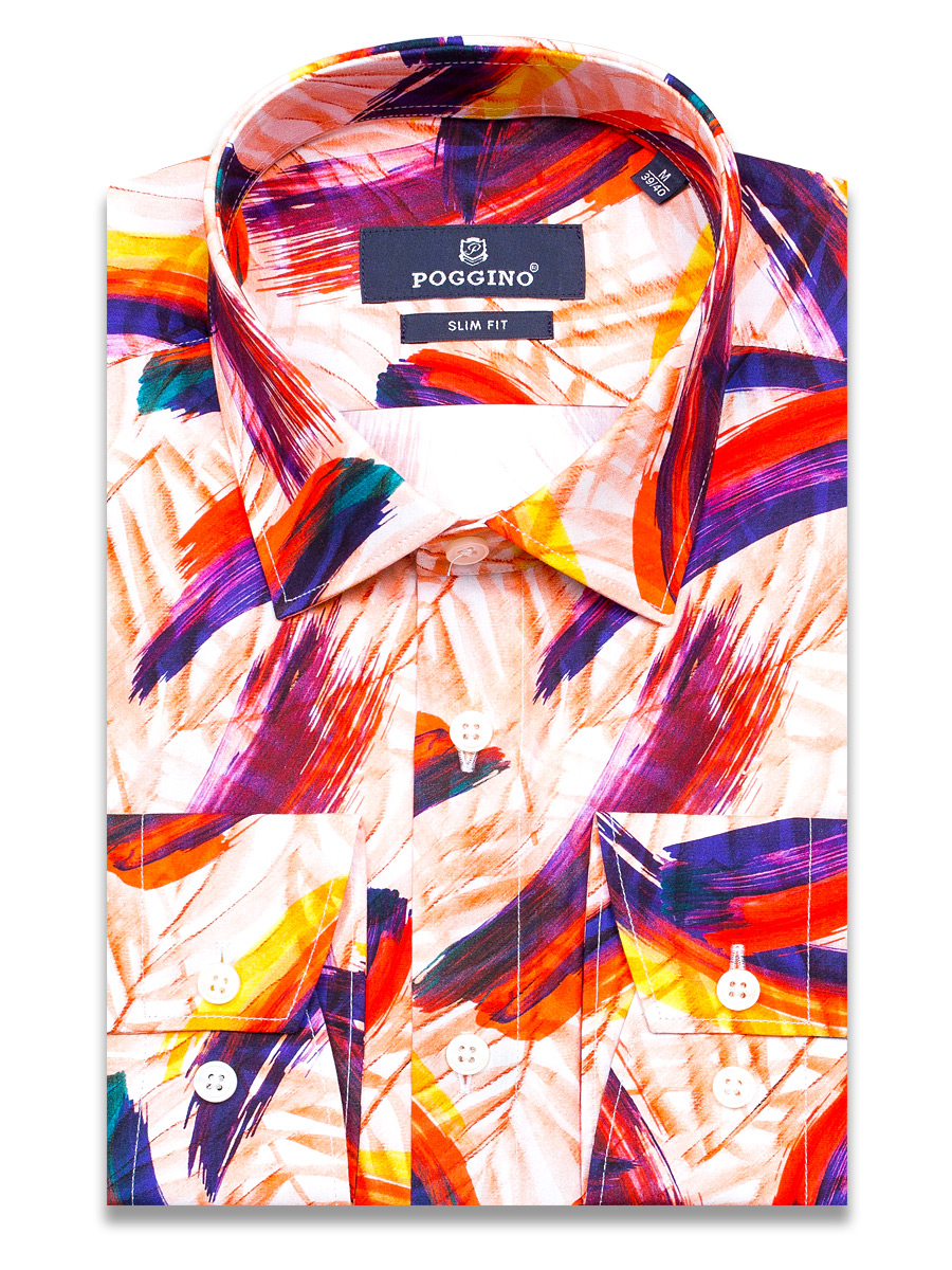 Разноцветная приталенная мужская рубашка Poggino 5010-06 в абстракции с длинными рукавами