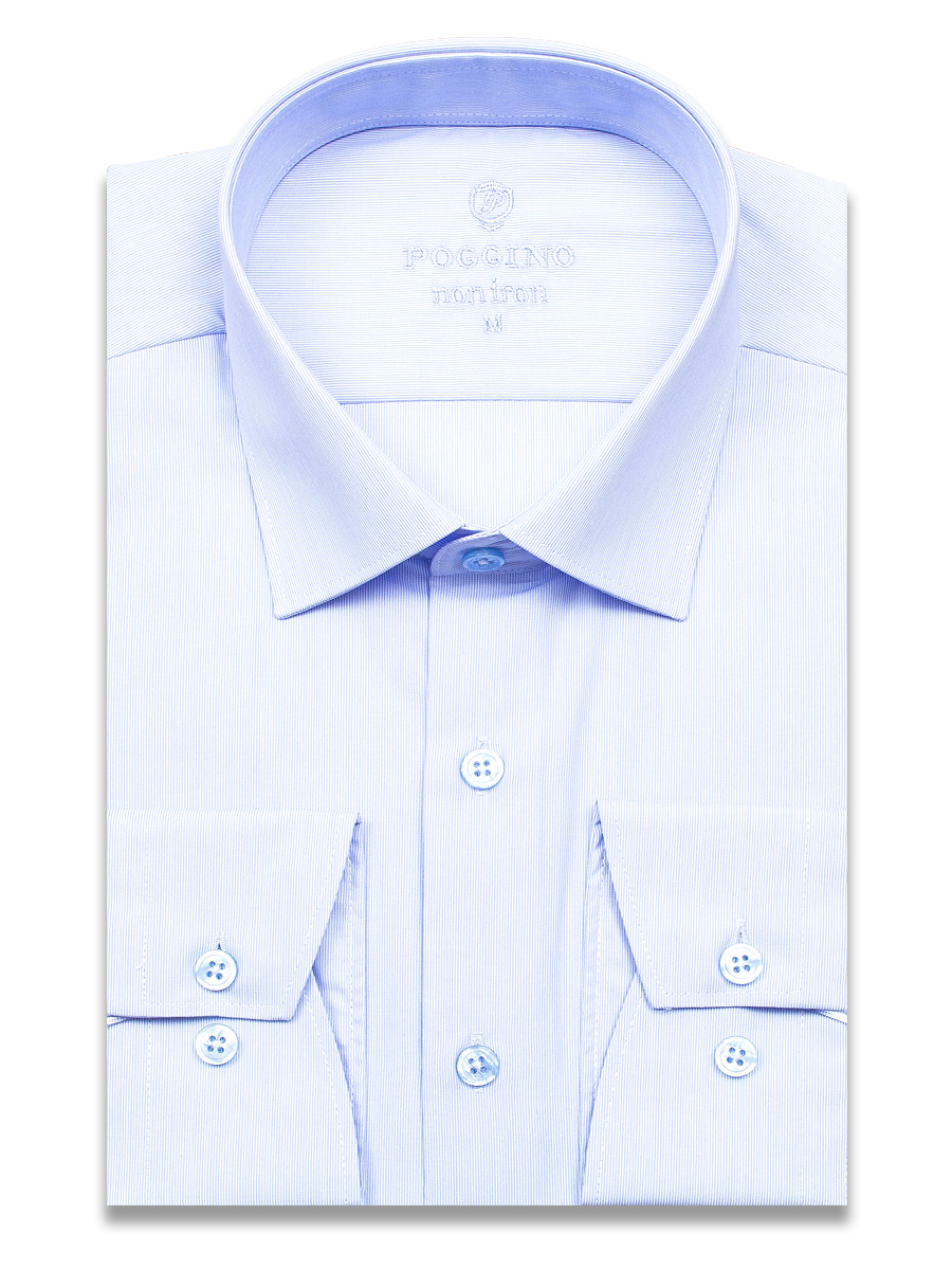 Голубая приталенная мужская рубашка Poggino 8000-03 Non Iron с длинными рукавами