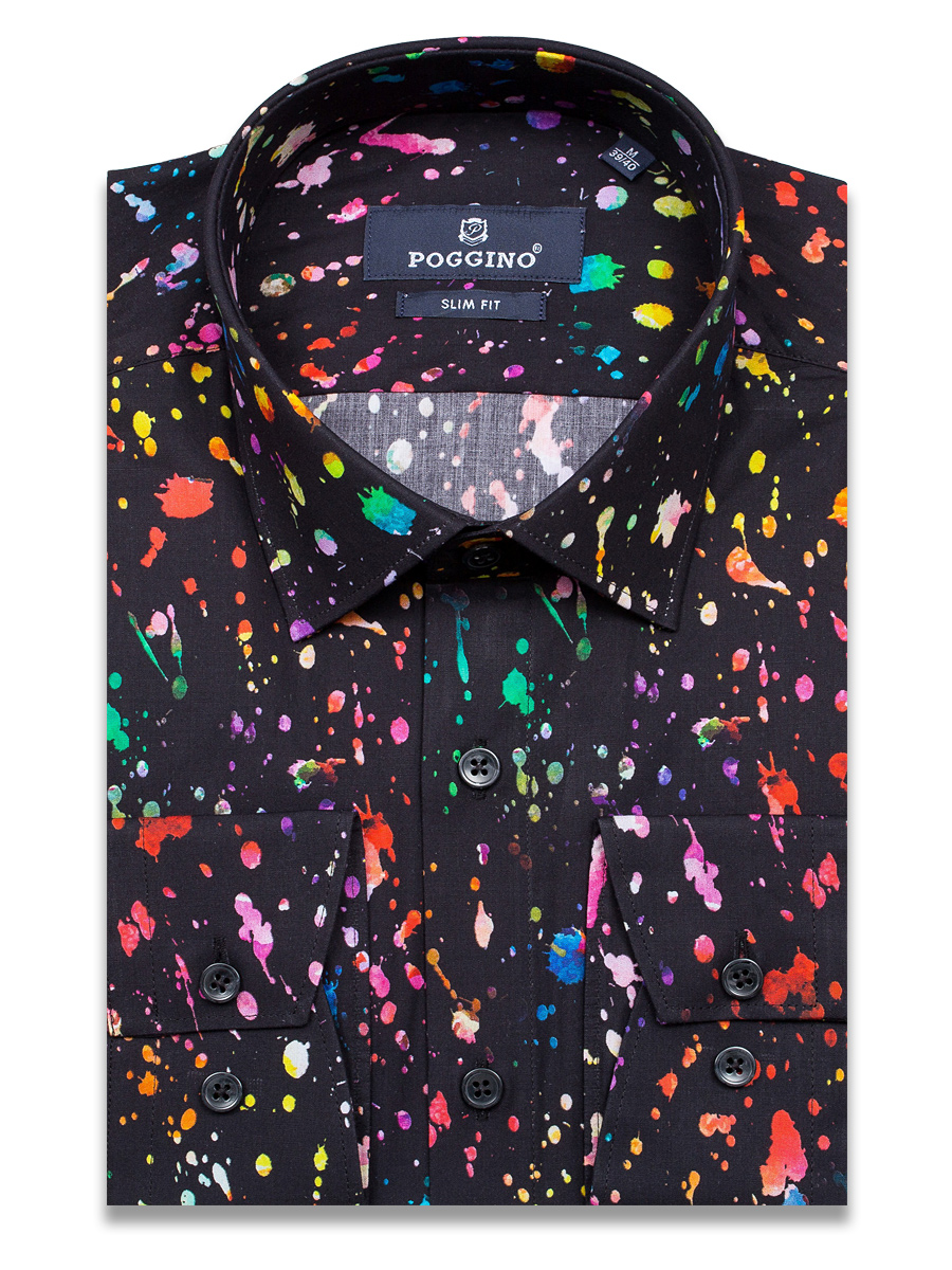 Черная приталенная мужская рубашка Poggino 5010-12 в крапинку с длинными рукавами