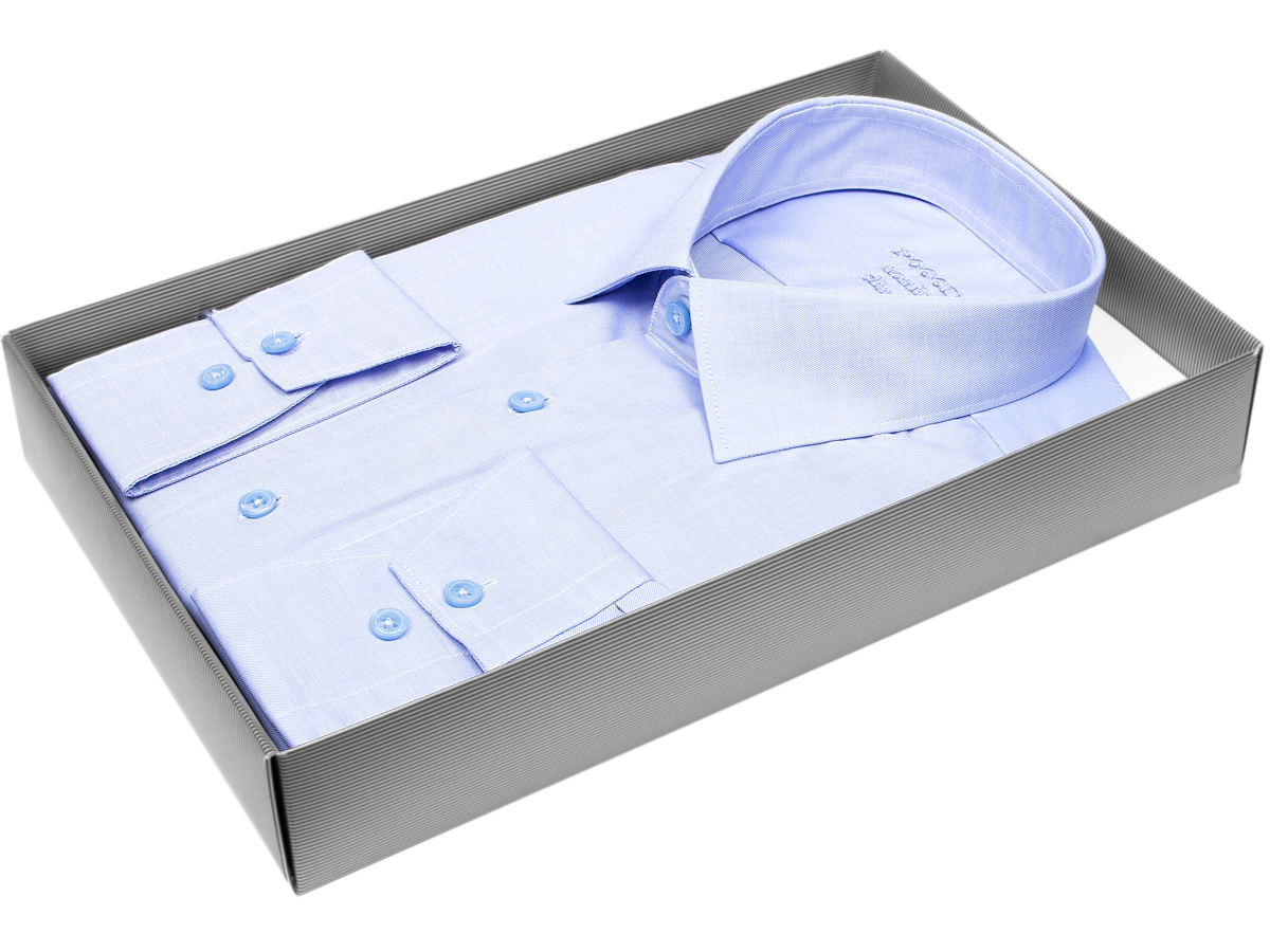 Модная молодежная рубашка Poggino 8002-04 рукав длинный силуэт приталенный стиль классический цвет голубой однотонный 100% хлопок