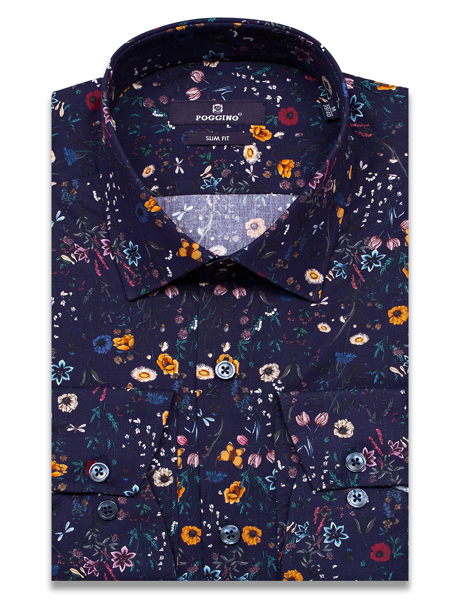 Темно-синяя приталенная мужская рубашка Poggino 7014-26 в цветочек с длинными рукавами