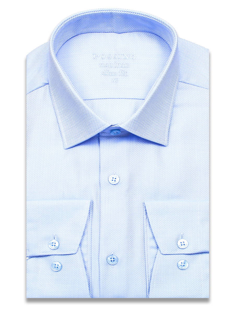 Голубая приталенная мужская рубашка Poggino 8002-13 Non Iron с длинными рукавами