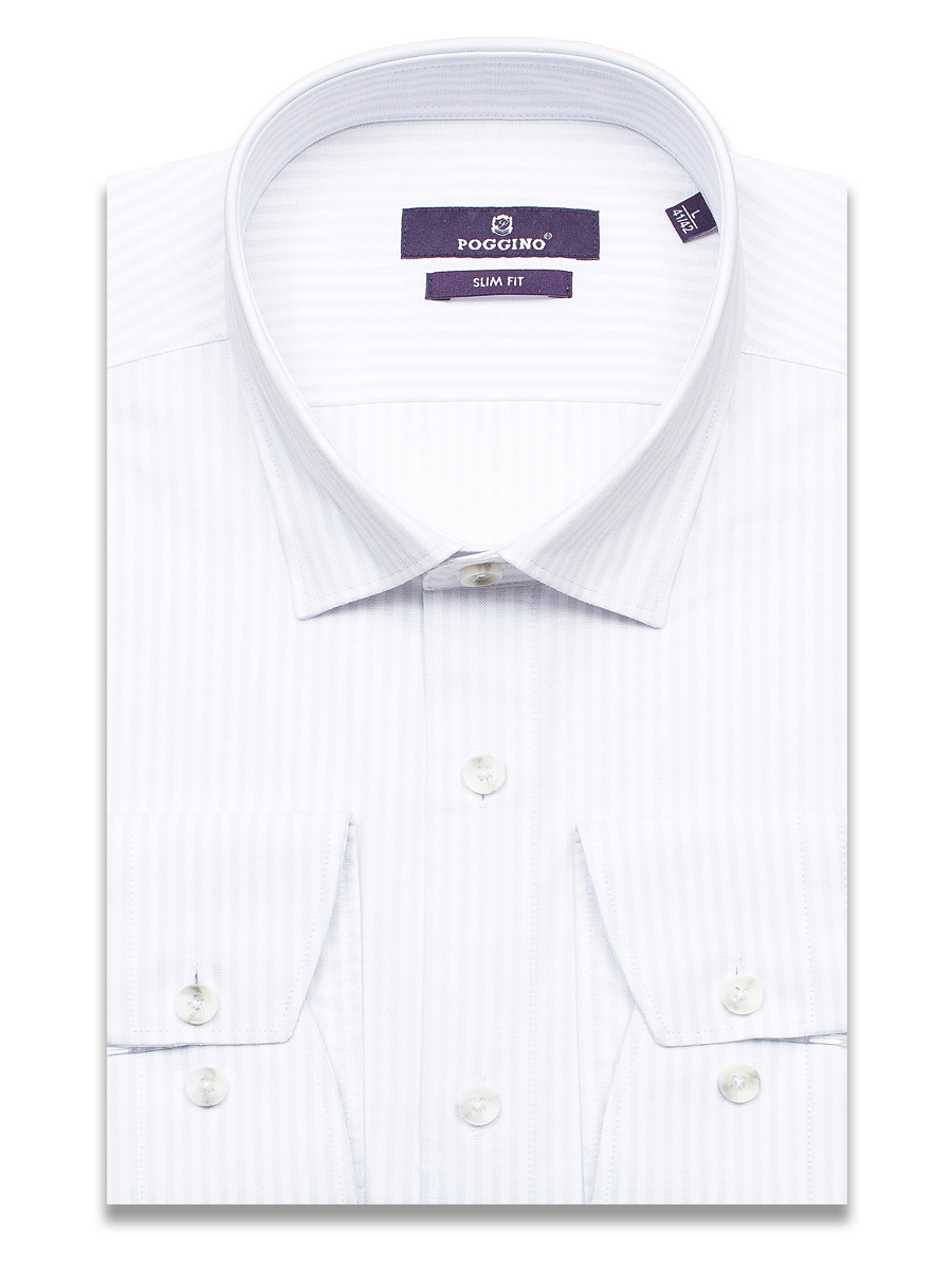 Светло-серая приталенная мужская рубашка Poggino 3000-02 в полоску с длинными рукавами