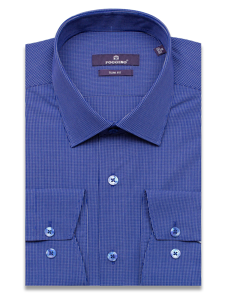 Синяя приталенная мужская рубашка Poggino 7020-32 в клетку с длинными рукавами