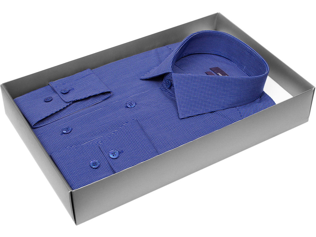 Синяя приталенная мужская рубашка Poggino 7020-32 в клетку с длинными рукавами купить в Москве недорого