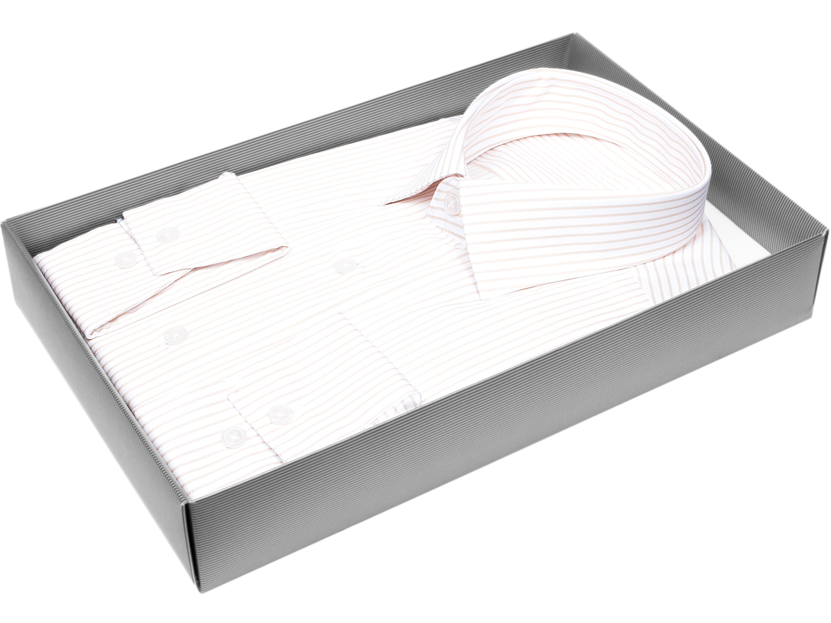 Мужская рубашка силуэт приталенный цвет бежевый в полоску