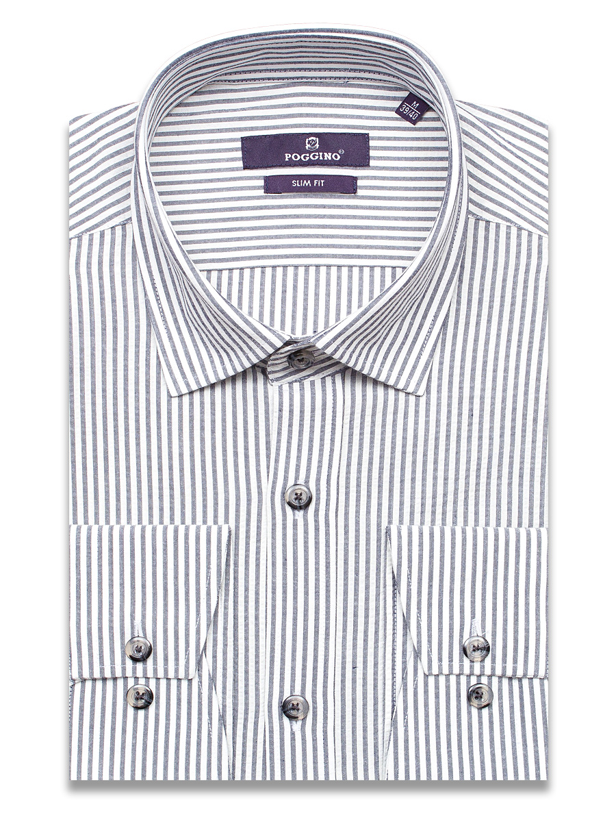 Льняная серая приталенная мужская рубашка Poggino 2000-22 в полоску с длинными рукавами