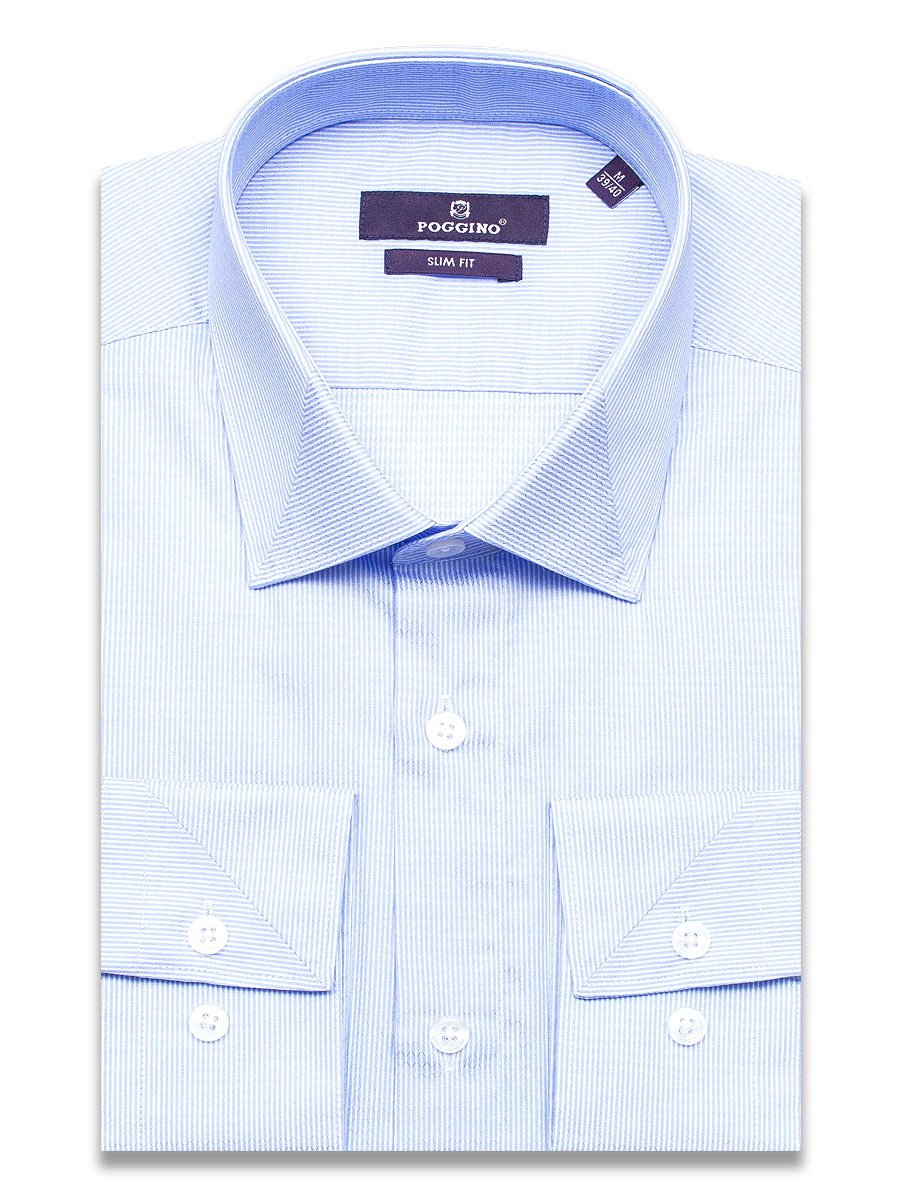 Голубая приталенная мужская рубашка Poggino 7019-72 в полоску с длинными рукавами