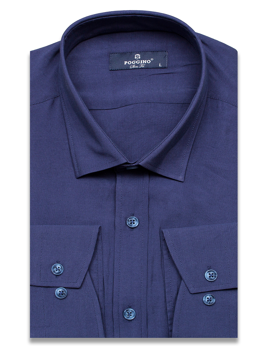 Темно-синяя приталенная мужская рубашка Poggino 2000-17 с длинными рукавами