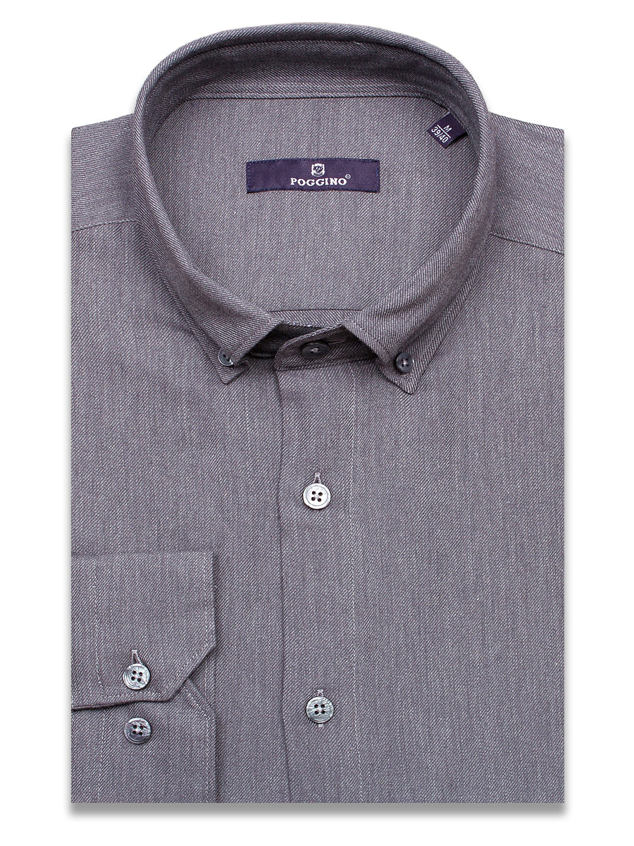 Байковая серая приталенная мужская рубашка меланж Poggino 3000-01 с длинным рукавом