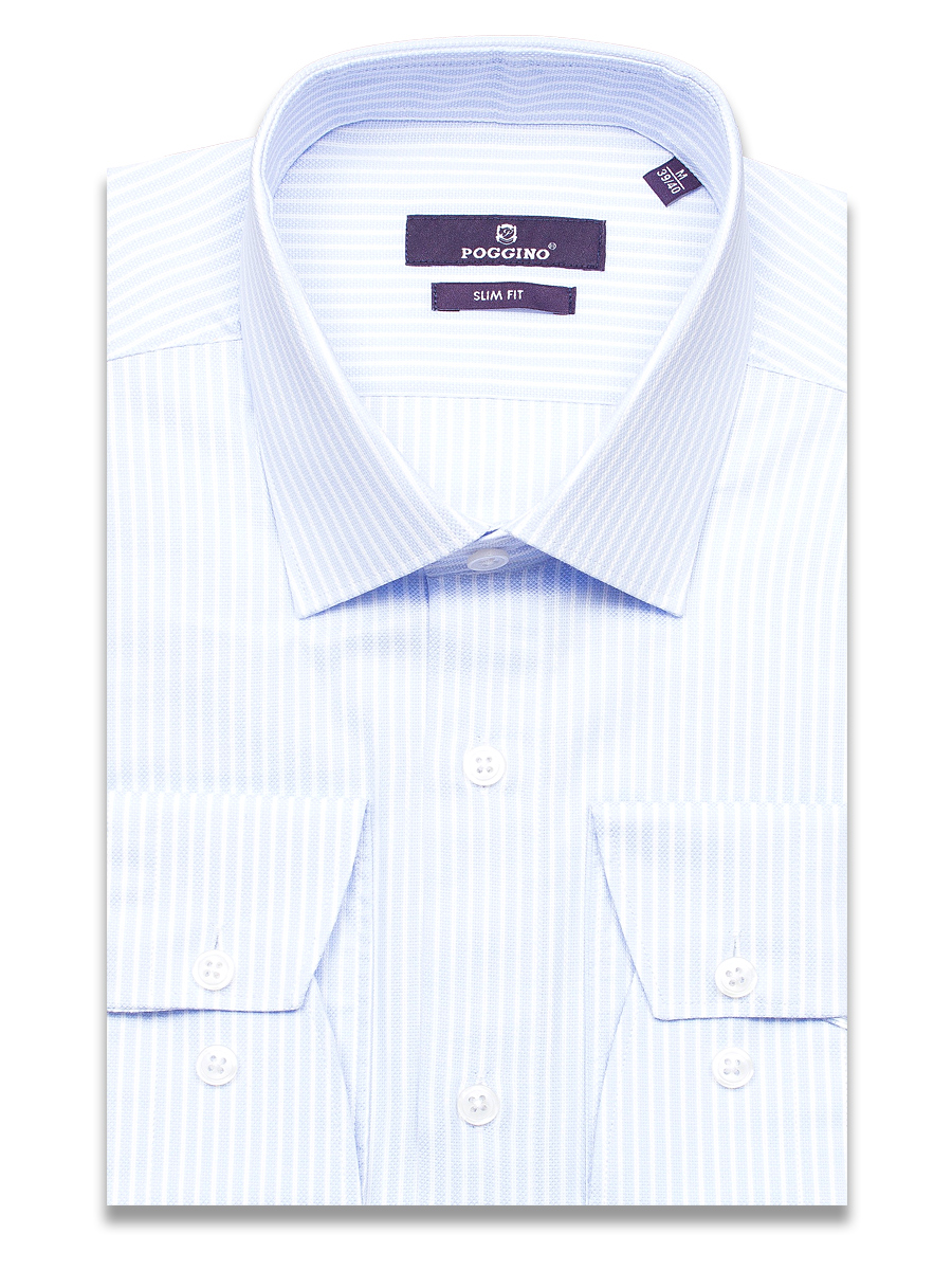 Голубая приталенная мужская рубашка Poggino 7020-25 в полоску с длинными рукавами