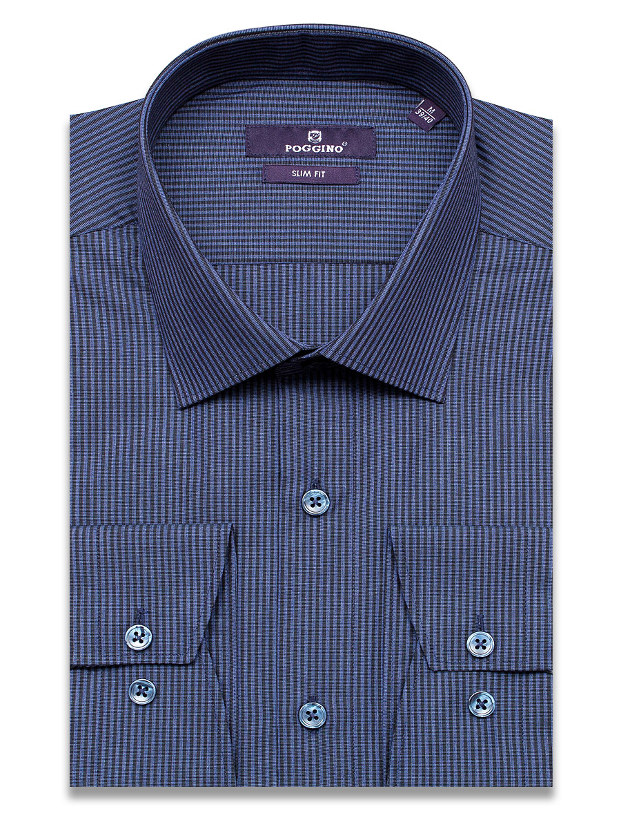 Темно-синяя приталенная мужская рубашка Poggino 7020-13 в полоску с длинными рукавами