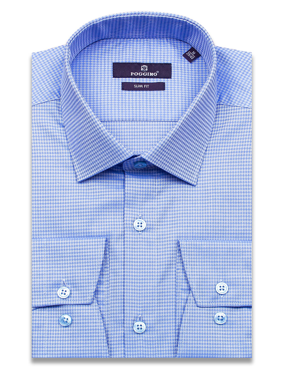 Синяя приталенная мужская рубашка Poggino 7020-16 в клетку с длинными рукавами
